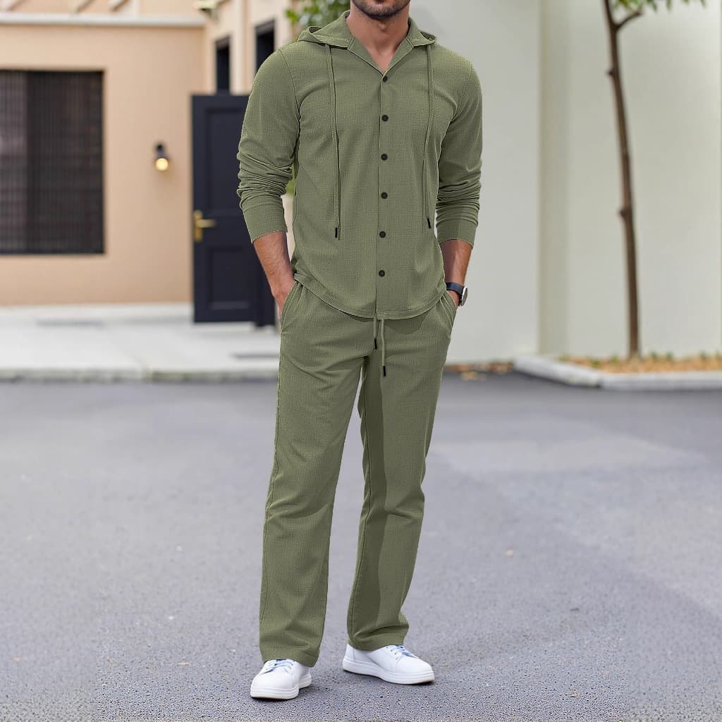 Primavera outono terno masculino solto linho com capuz manga comprida botão camisa calças compridas terno Casual