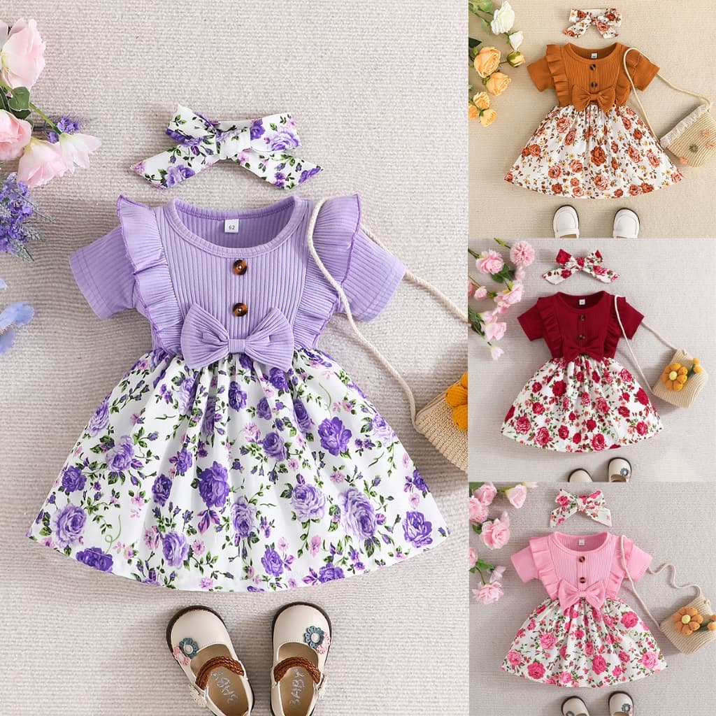 Vestido Bebê Menina 0-2 Anos Manga Curta Algodão Puro Florido com Faixa de Cabeça Marrom Vermelho Vinho Rosa Roxo Cores
