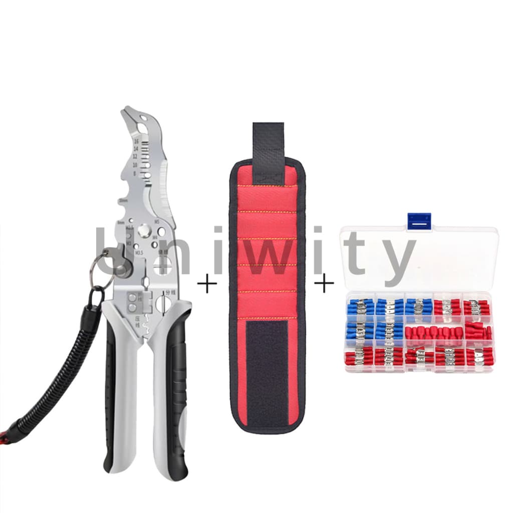 Uniwity Kit Alicate Crimpar + Descascador p/ Fios com 288 Terminais Ilhós Tubular Elétrico
