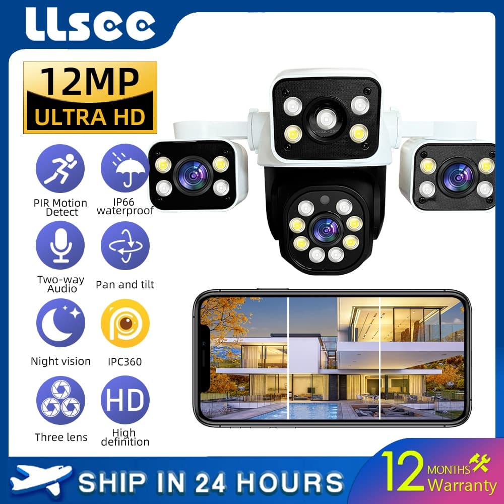 LLSEE 6K 3 Lentes 12MP WIFI À Prova D'água CCTV Conexão Para Celular Externa Câmera IP Visão Noturna Rastreamento Alarme