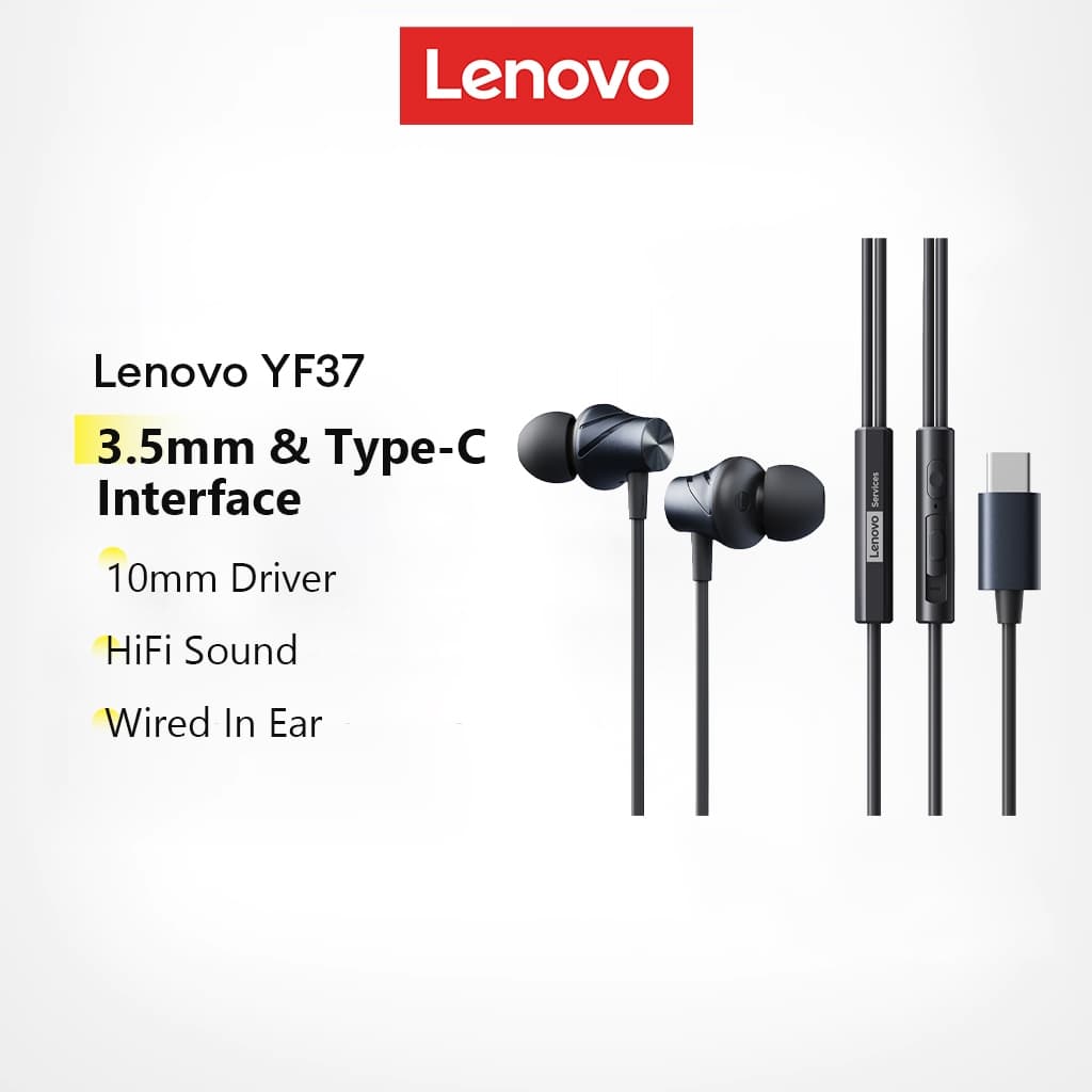 Fones De Ouvido Intra-Auriculares Com Fio Lenovo YF37 Driver De 10 Mm E Som HiFi Mais Interface Tipo C De 3.5