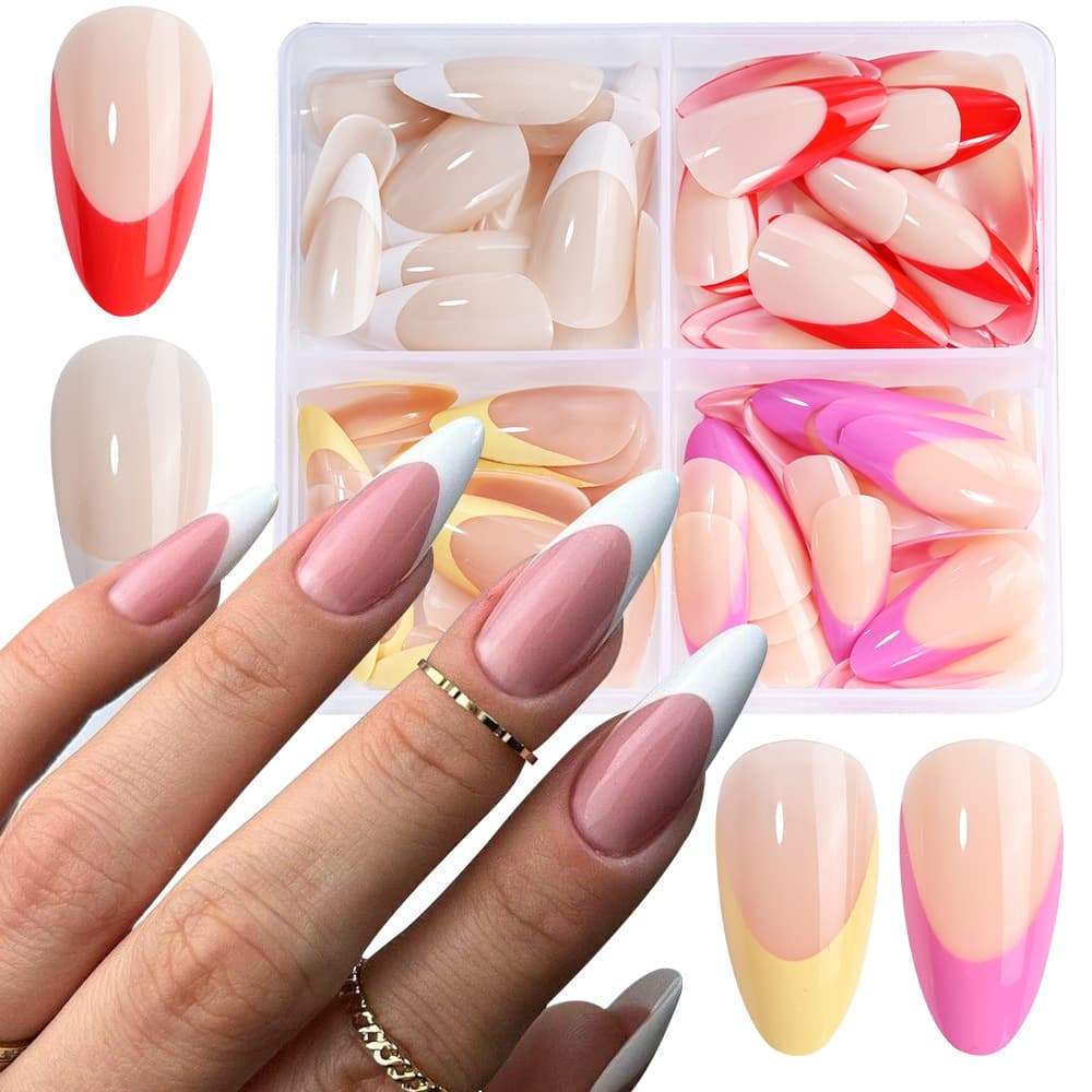 Pontas De Unhas Francesas Vestíveis Em Forma De Amêndoa De 96 Peças , Comprimento Médio , 4 Cores , Extensões Artificiai