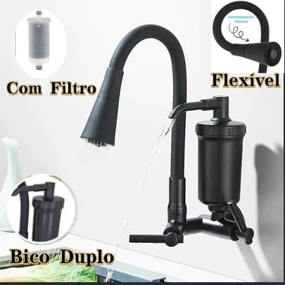 Torneira de Cozinha Preta com Filtro  Bico Duplo Flexível 360°  Economia de Água