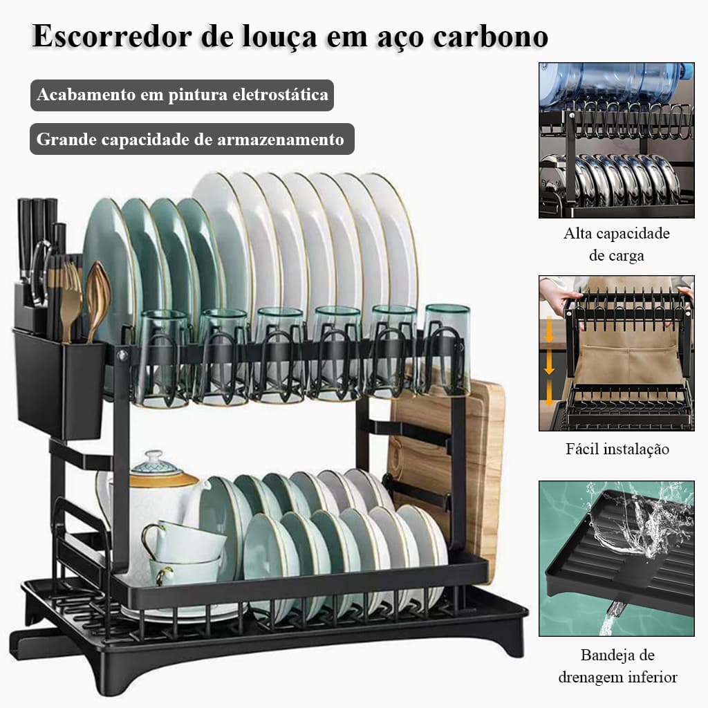 Escorredor de Louça em Aço Carbono, Organizador de Pratos e Talheres, Suporte para Copos, 12 Pratos