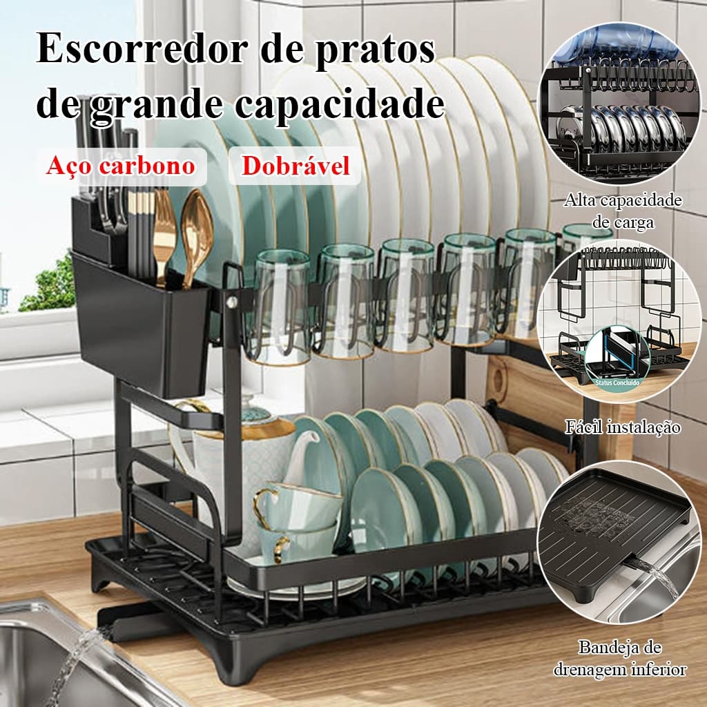 Cozinha Escorredor De Louça, Aço Carbono Organizador Com Bandeja Coletora De Gotas, 12 Pratos, Preto