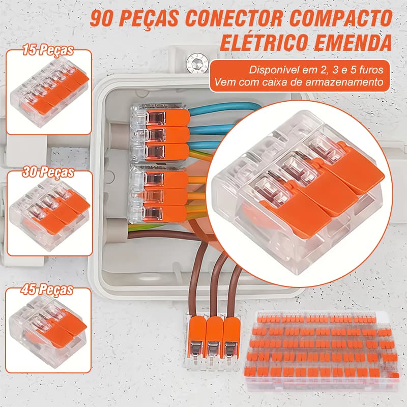 Kit 90 Peças Conector Compacto Elétrico Emenda E Derivação 2, 3 e 5 vias