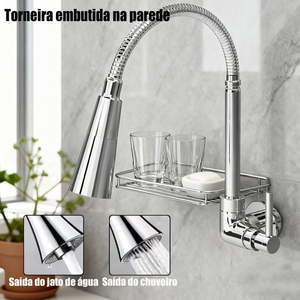 KIT2 Torneira Gourmet Flexível Cozinha Parede aço Bancada Monocomando Com Spray Flexível