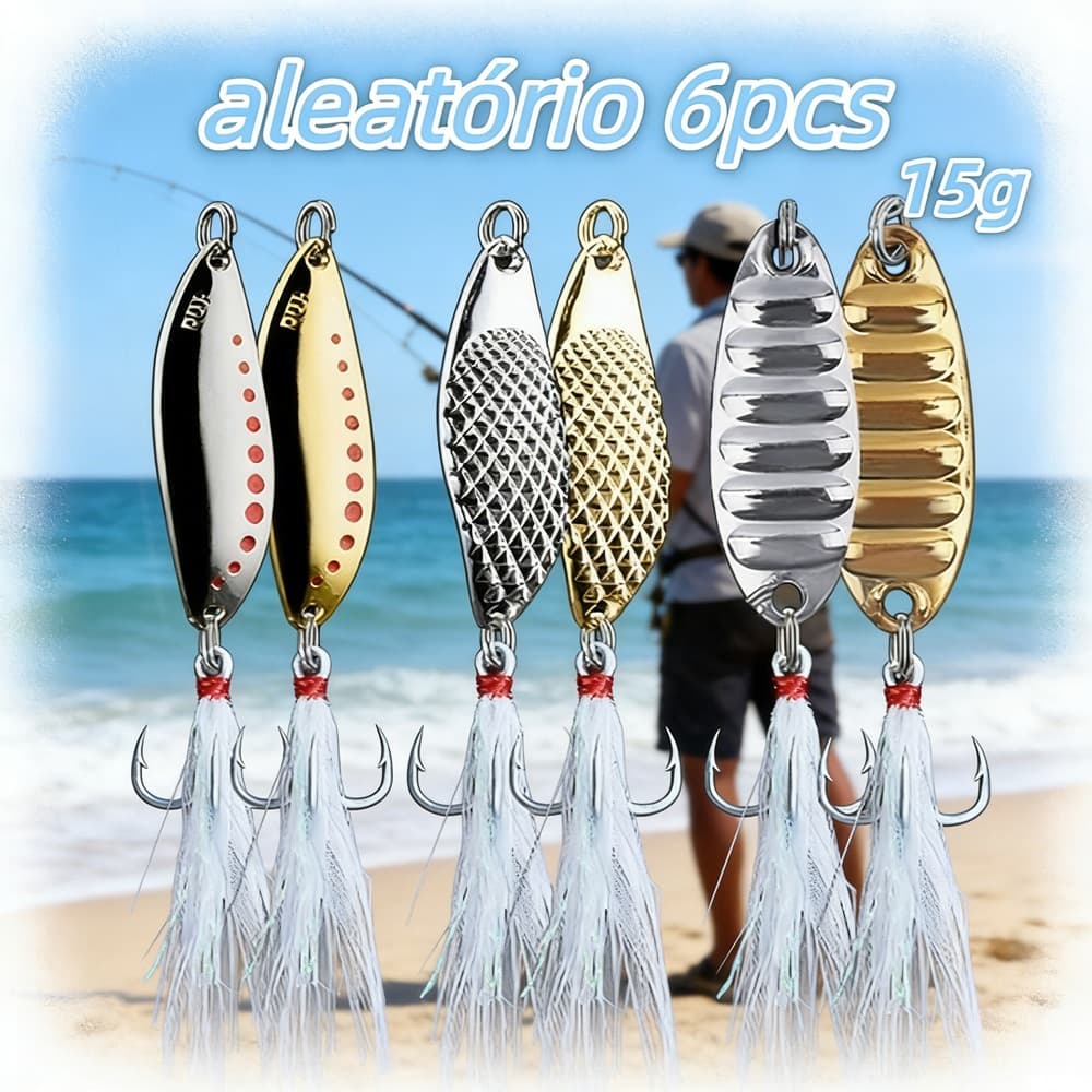 Isca Vibratória de Metal em Formato de Colher | 6 Peças 15g Dourada com Lantejoulas para Robalo e Dourado