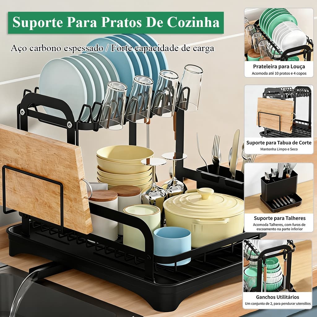 Escorredor de Louças Rack Aço Carbono Organizador Cozinha com Porta Copos e Talheres Preto