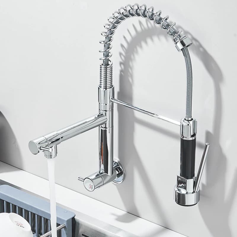 Torneira de cozinha montada na parede com alça única giratória Pull-Out torneira de água fria preta/cromada/níquel escov