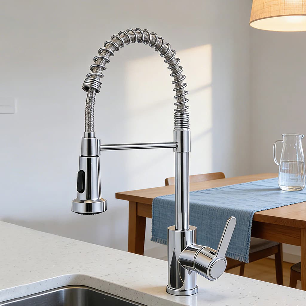 Torneira de cozinha prateada com alça única com tubo de extensão de Spray, tubo de água flexível superior