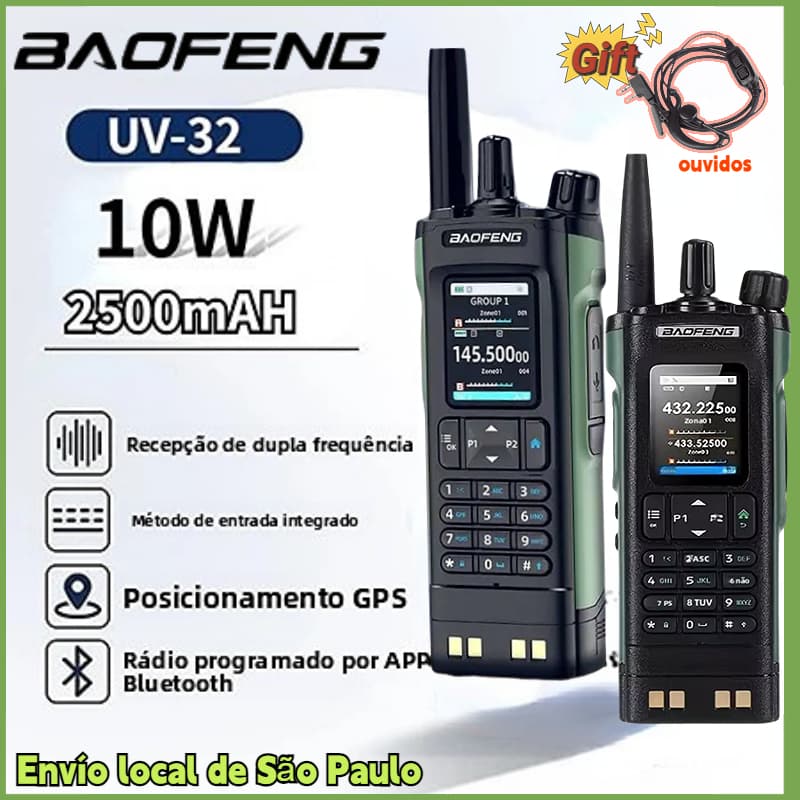 Baofeng BF-UV32 GPS Walkie Talkie 2500mAh 10W Longo Alcance Multi Banda Bluetooth App 1000 Canais USB-C Carga Da Ue Port