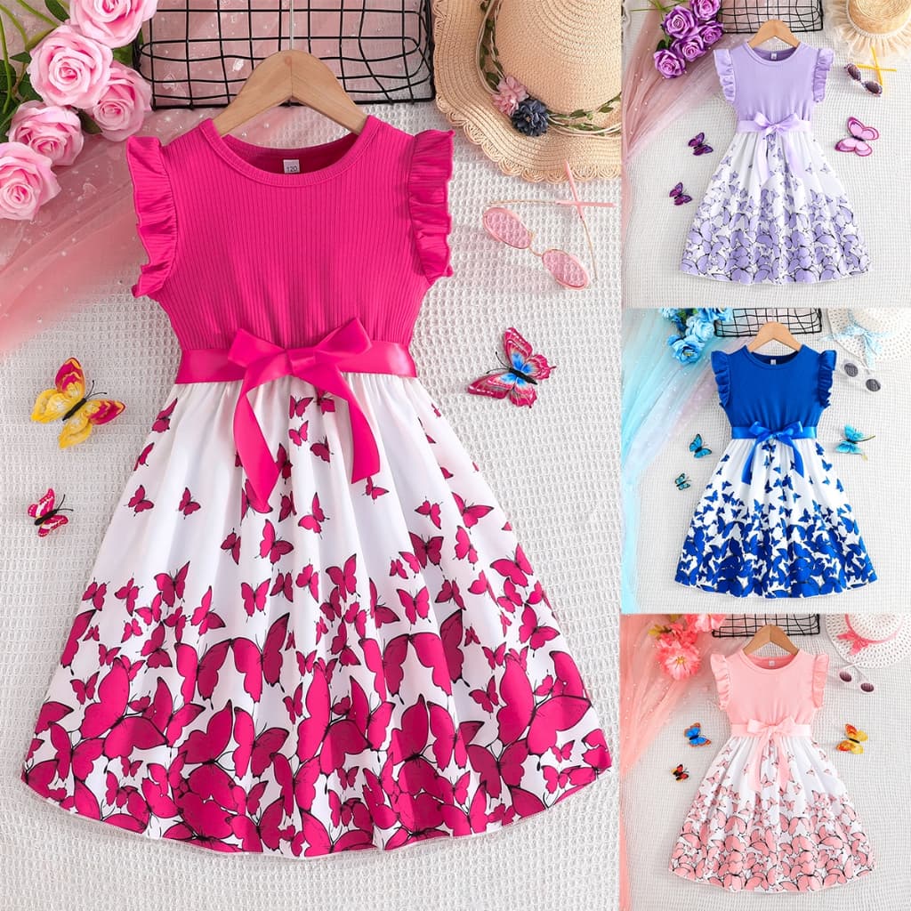 Vestido Infantil Meninas 5-11 Anos Manga Curta Borboleta c Cinto Decorativo Multi Cores Azul Rosa Choque Lilas