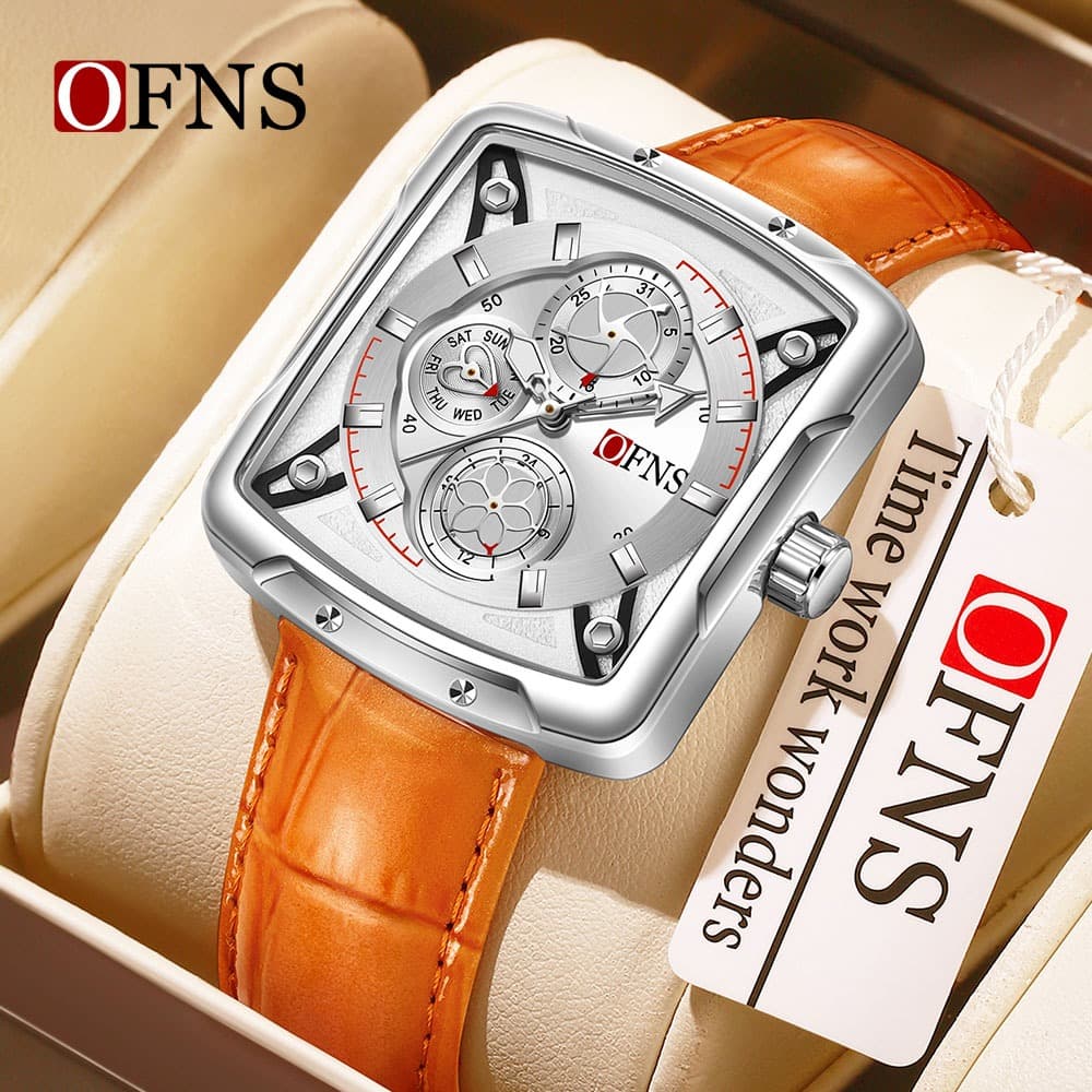 OFNS 1615 Relógio Masculino Moda À Prova Dwaterproof Água Multi-Função Cronógrafo De Couro Seis Agulhas Calendário Lumin