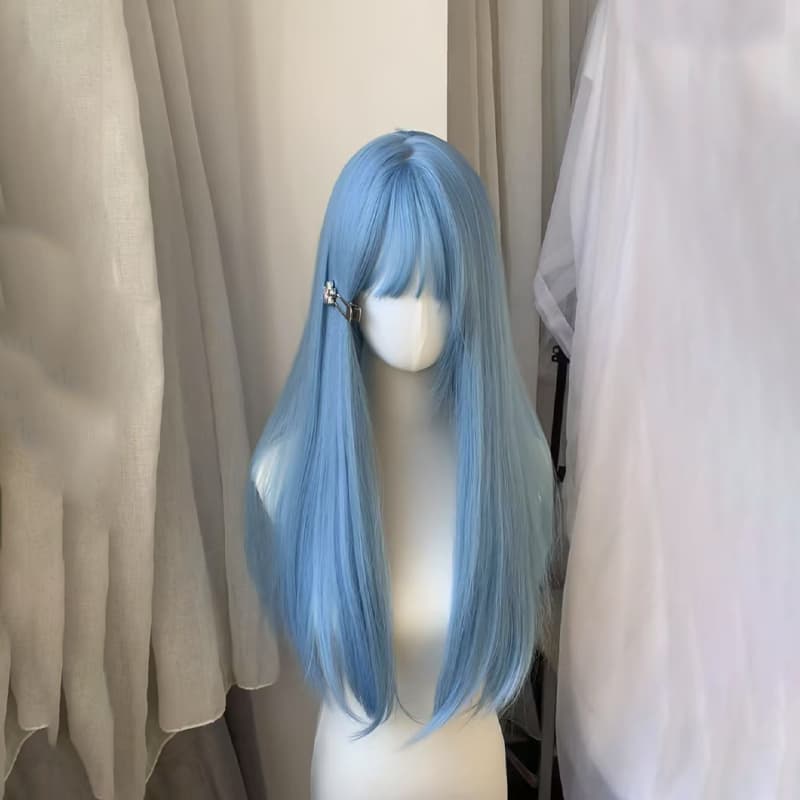 Peruca Feminina Azul Médio-Longo natural Fofo Simulação De Topo Inteiro Cabelo E Reto Capa De Cabeça Cheia