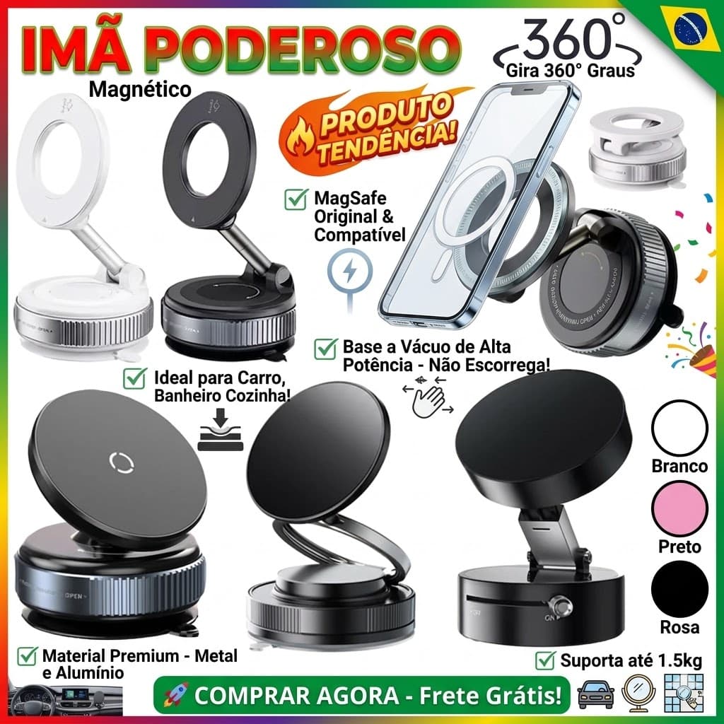 Suporte Magnético p/ Celular no Carro - 360° Giratório + Vácuo - Dupla Face e Dobrável