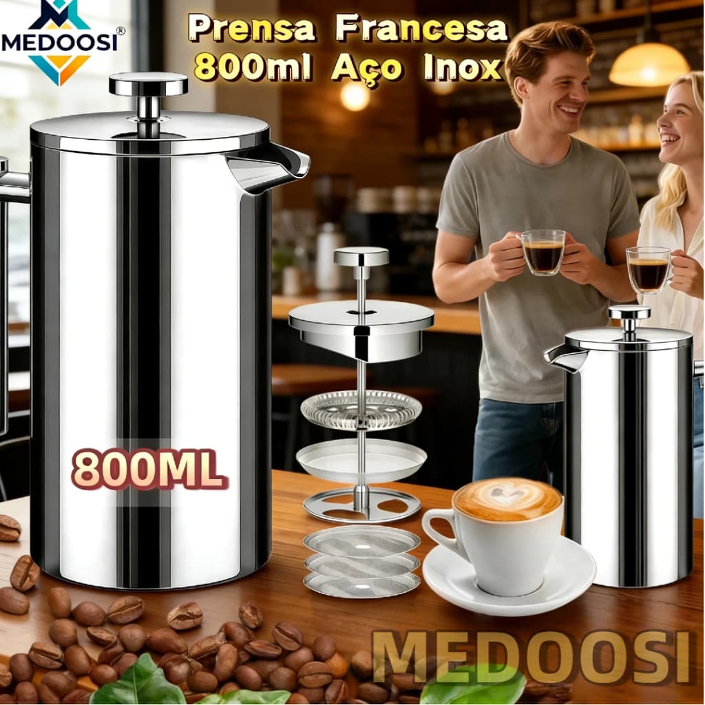 MEDOOSI Prensa Francesa 800ml Aço Inox  | Cafeteira e Infusor de Chá, Filtro 4 Níveis e Mantém Temperatura