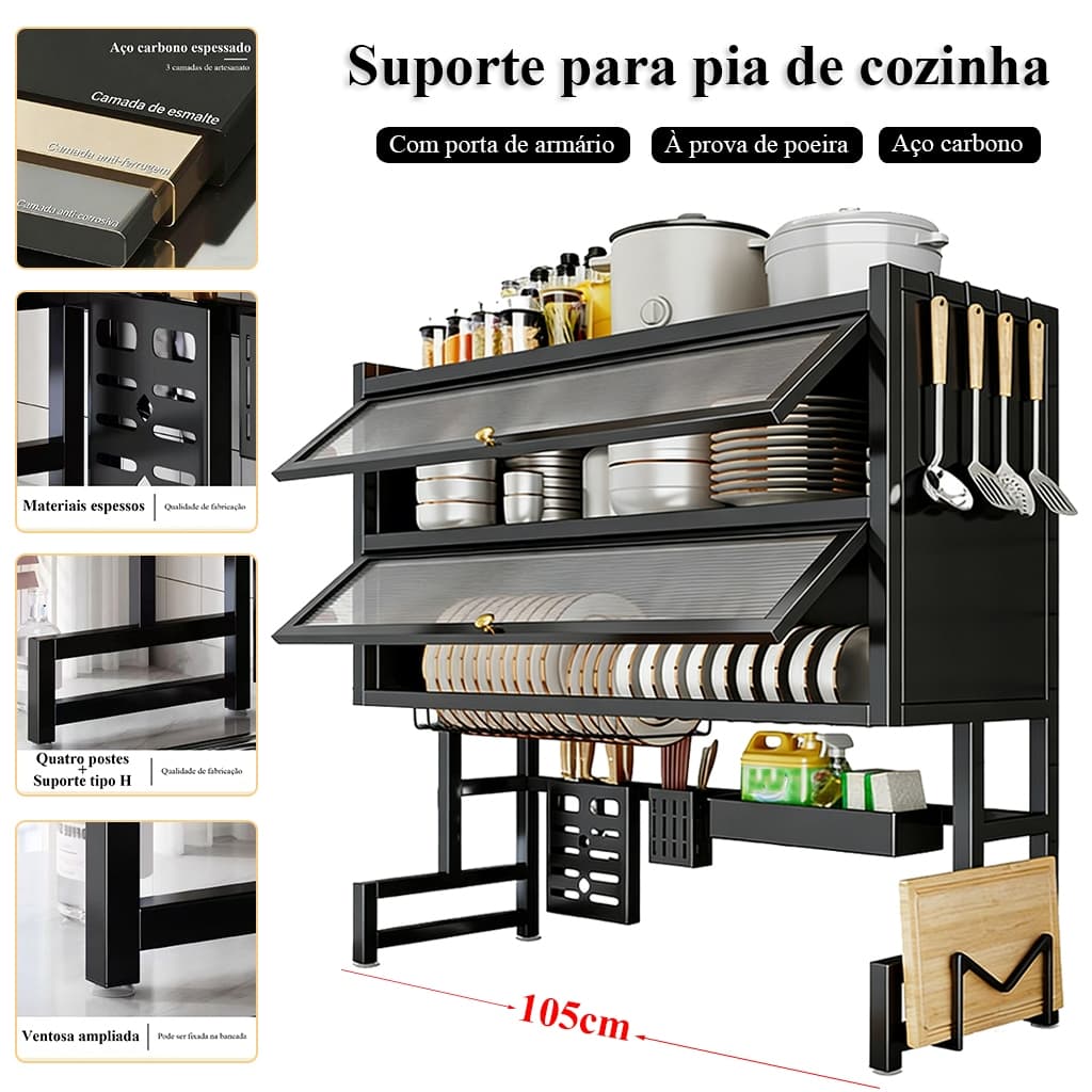 Três Camadas Escorredor De Louça 105cm Cozinha Modula Pia Organizador Estante Poeira Porta Armário