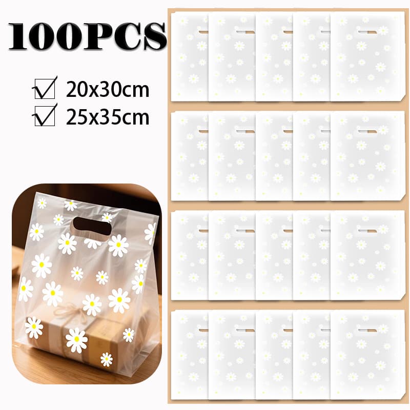 10/25/50/100 Pcs Sacolas de Presente PVC Transparentes com Estampa de Margaridas Reutilizáveis para Festas
