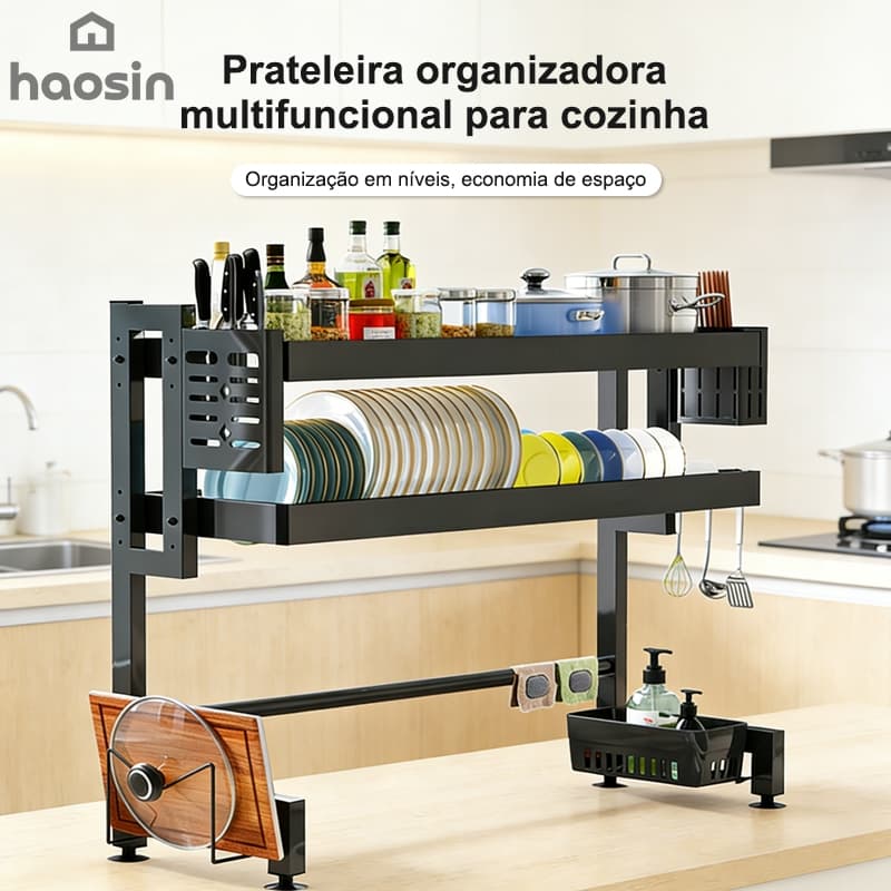haosin única/dupla Escorredor De Louça Suspenso Kitchen Rack aço carbono Organizador Louça Preto 65cm
