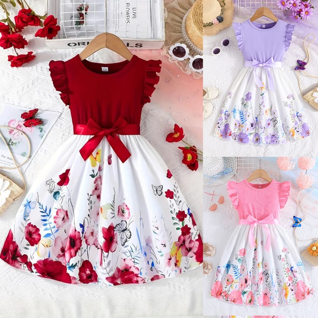Vestido Infantil Feminino Borboleta Flores Cinto Festa 4-10 Anos Varias Cores