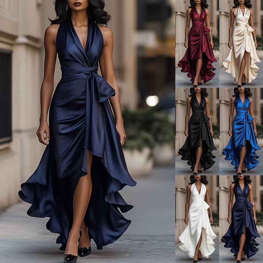 Vestido Feminino Com Decote Em V Sem Mangas Babados E Bainha Bodycon Casual Fenda Alta Para Coquetel