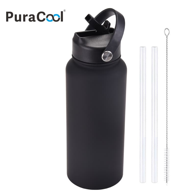 PuraCool Garrafa Térmica 1L 1000ml Inox com Canudo Frio Quente Anti Vazamento Academia Portátil Base de Proteção