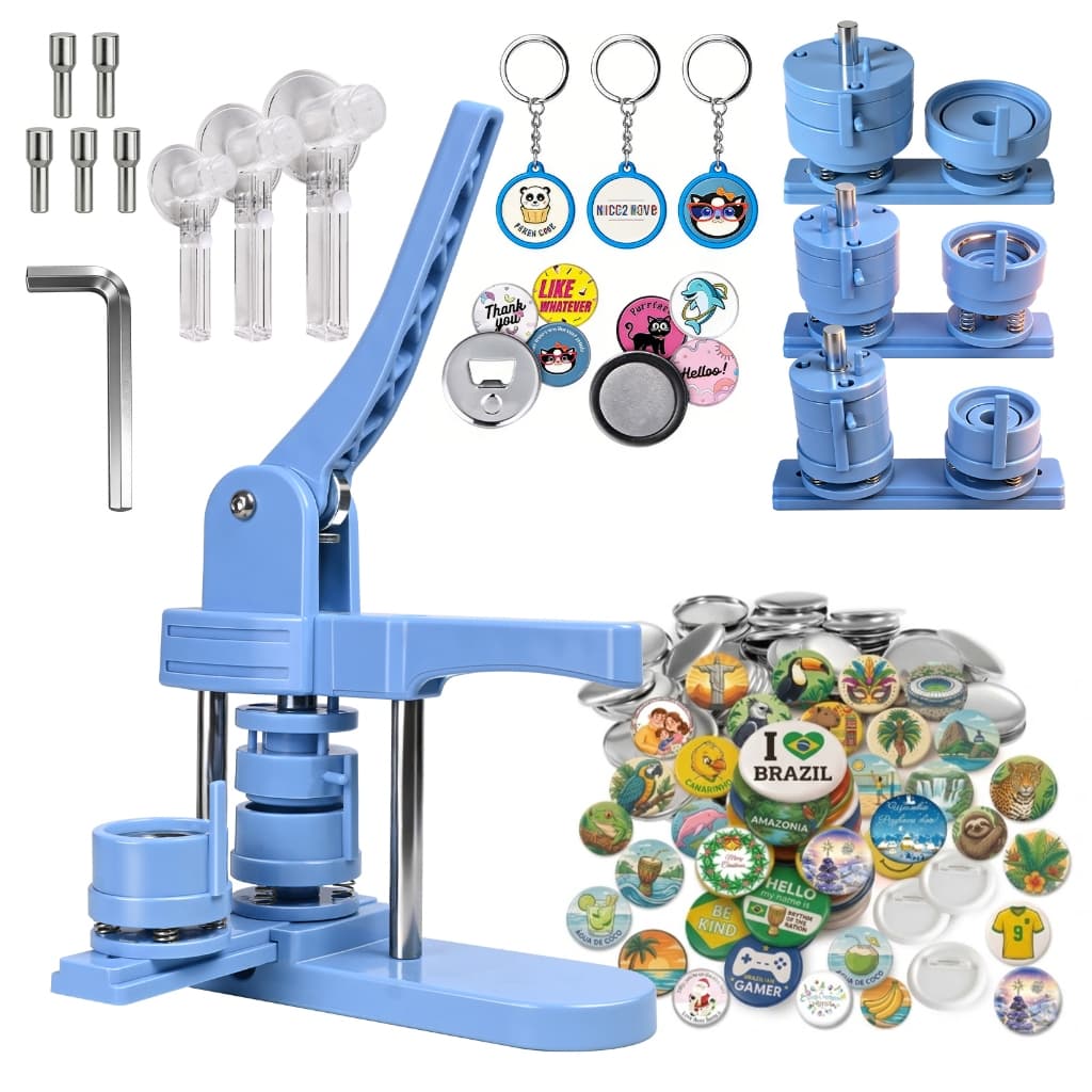 Kit Máquina de Fazer Bottons 3 em 1 com Moldes 25 32 58mm Button Maker para Crachá e Brinde