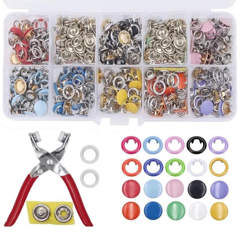 kit de Alicate Aplicador Para Botao De Metal De Pressao Roupa Bebe C/ 150 botões de roupas