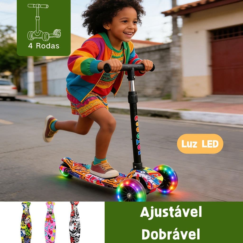 Patinete Infantil 4 Rodas com Luzes LED - Ajustável e Dobrável para Crianças de 2 a 6 Anos