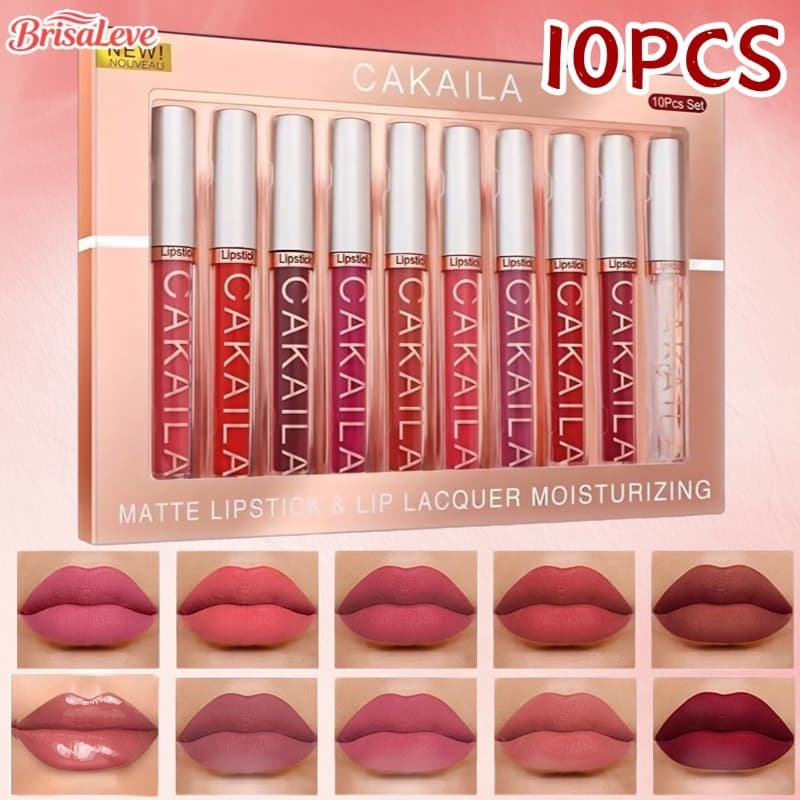 Conjunto de 10 batons líquidos matte, longa duração de 24 horas, à prova d'água, não transfere e é à prova de copos-BL