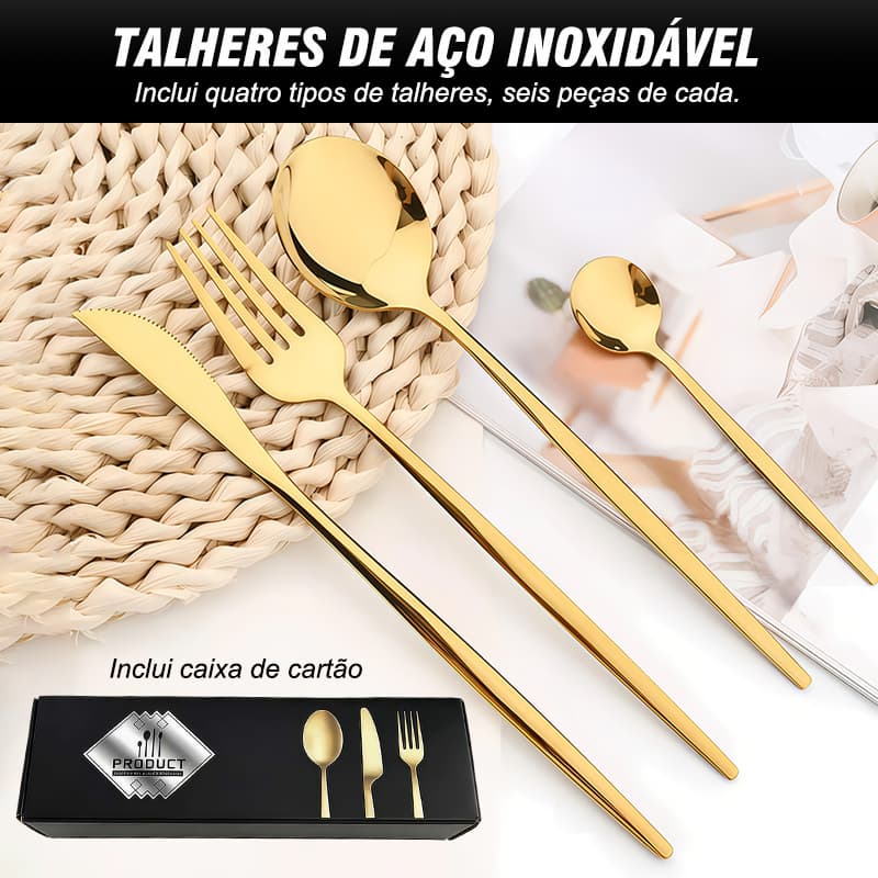 24 Peças Talheres Aço Inoxidável Dourado e Prateado Garfo Colher Faca Colher De Mesa