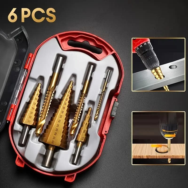 kit jogo 6 Peças Broca Titânio Escalonada Aço Brocas Corte Lateral Espiral Hss C/Estojo Organizador