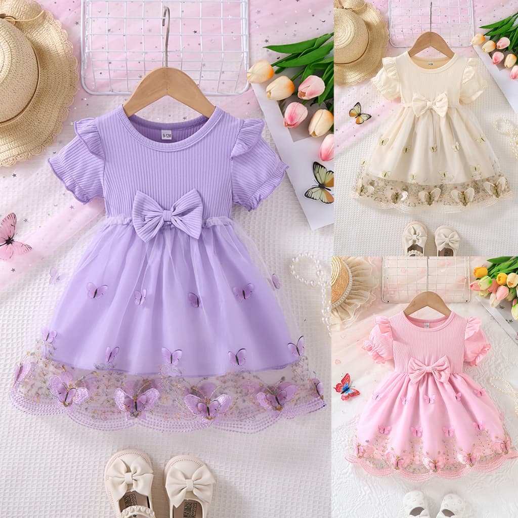 Vestido de Bebê 6 a 36 Meses Menina Tule Borboleta Manga Curta Rosa Bege Roxo Vestido para Batizado Presente de Festa