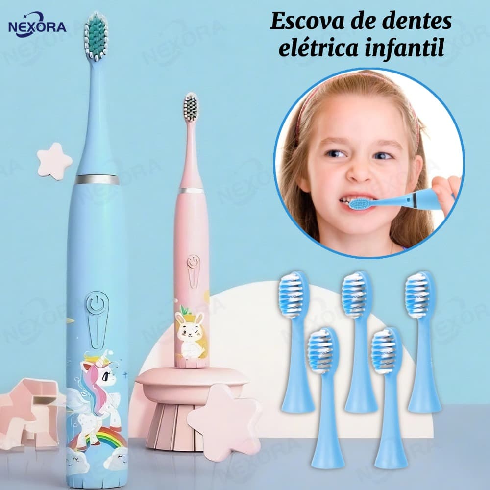 Escova Dental Elétrica Ultra-Sônica Para Crianças Acústica Onda Fofa Cabelos Suaves Dupla Face Limpa Cuidados-NEXORA