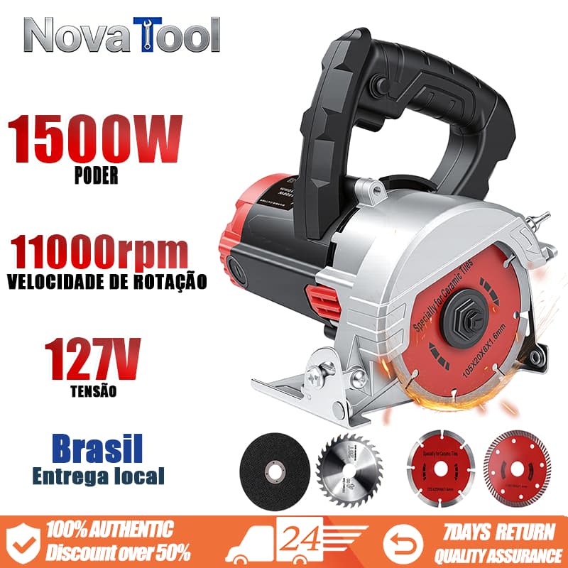 Cortador de mármore profissional,  7,25 polegadas, 1500 watts, 11.000 RPM, quatro lâminas.