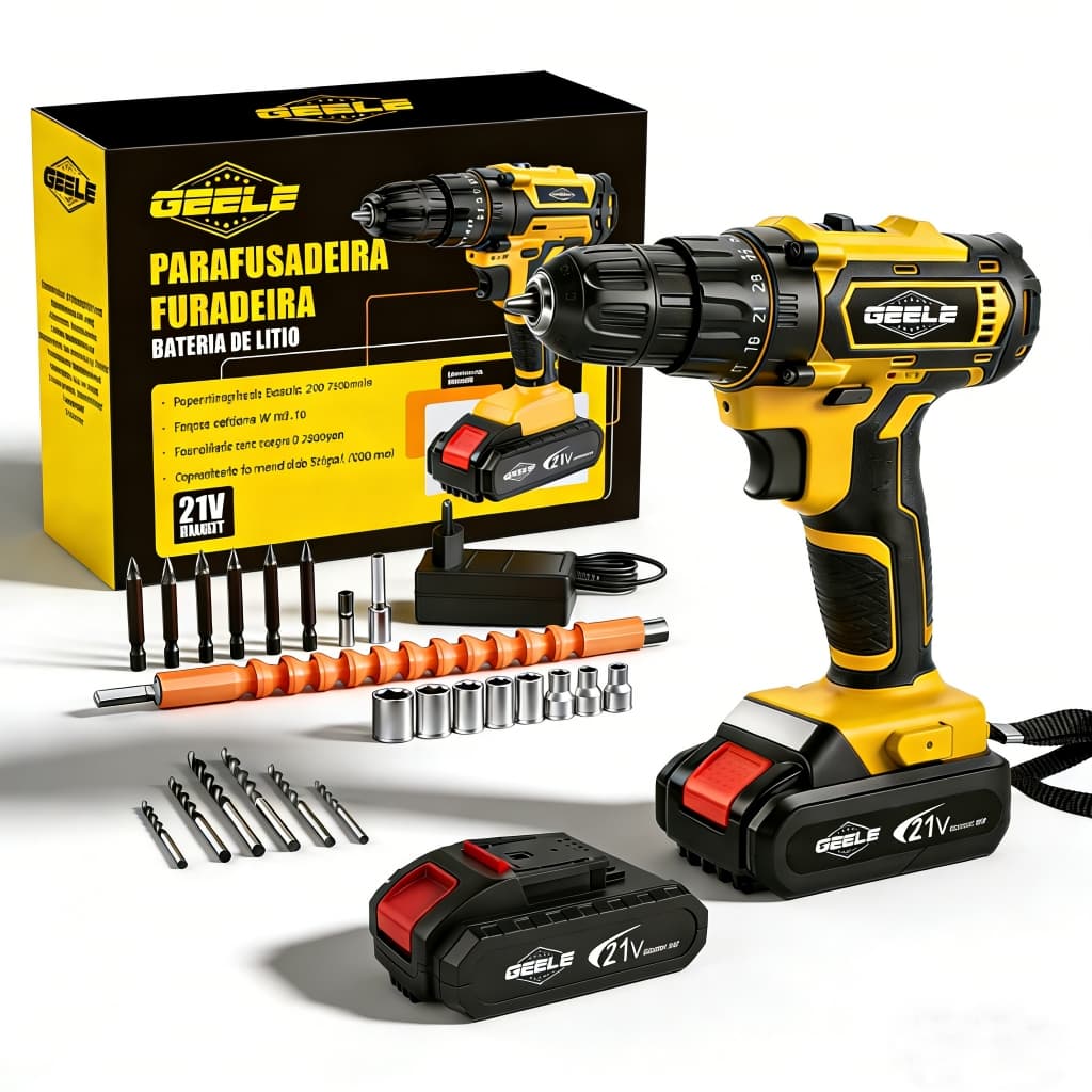 Parafusadeira Furadeira a Bateria 21V Profissional Com bateria12/21V +Jogo 10 Brocas 6 - 30 MM