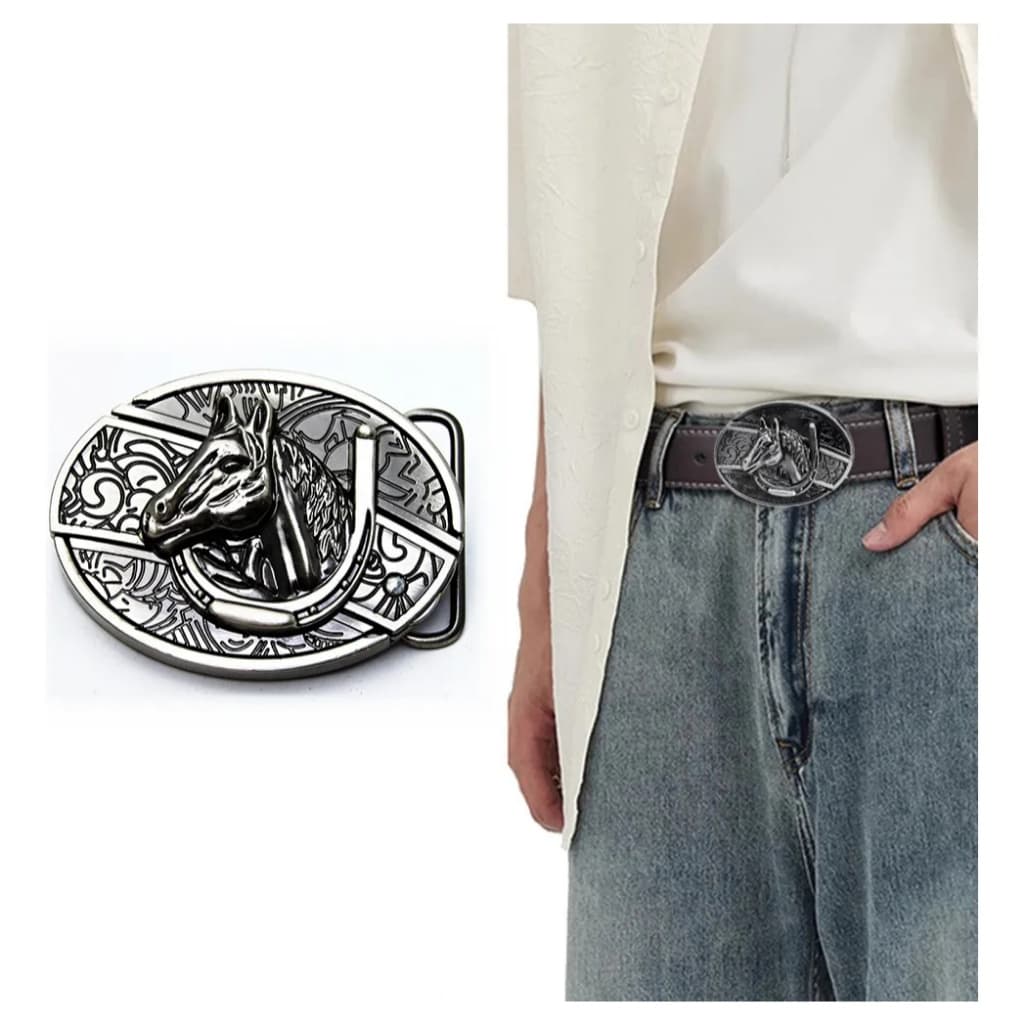 Fivela De Cinto Com Estampa De Cavalo E Detalhe De Metal 7.6x5.8cm