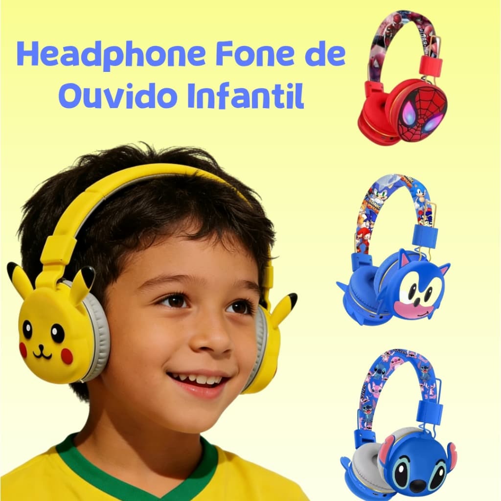 Headphone Fone de Ouvido Infantil Bluetooth Pikachu Pokémon Sem Fio Ajustáveis Bluetooth 5.3 Alta Fidelidade Estéreo