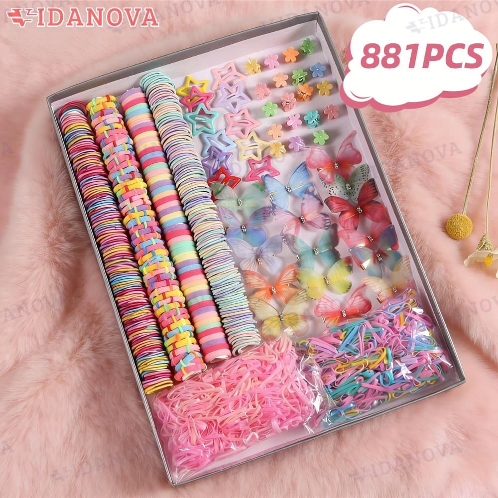Conjunto com 881pcs de elásticos de cabelo coloridos mistos com clipes em forma de estrela para penteados.