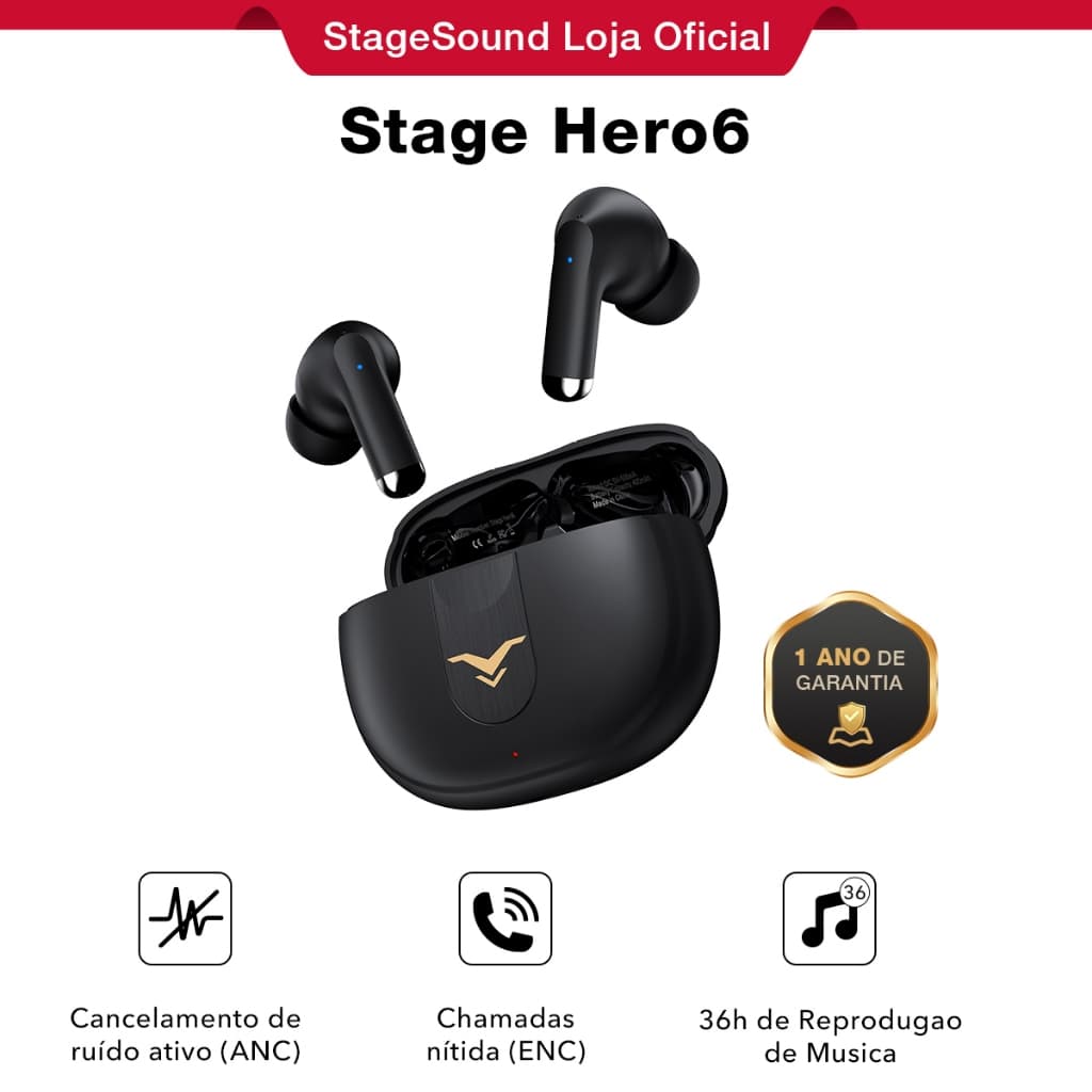 Stage Hero6 ANC Fone de Ouvido Sem Fio Bluetooth 5.2 IPX5 à Prova d'Água 36h de Bateria com 4 Microfones
