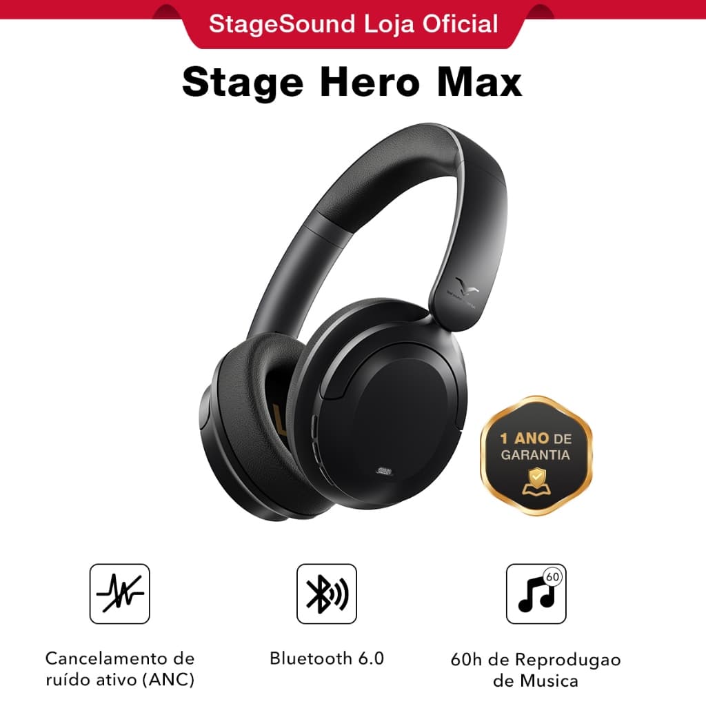 Stage HeroMax ANC Fone de Ouvido sem Fio Bluetooth 6.0 Redução de Ruído Headphone Até 60 Horas de Bateria Perto