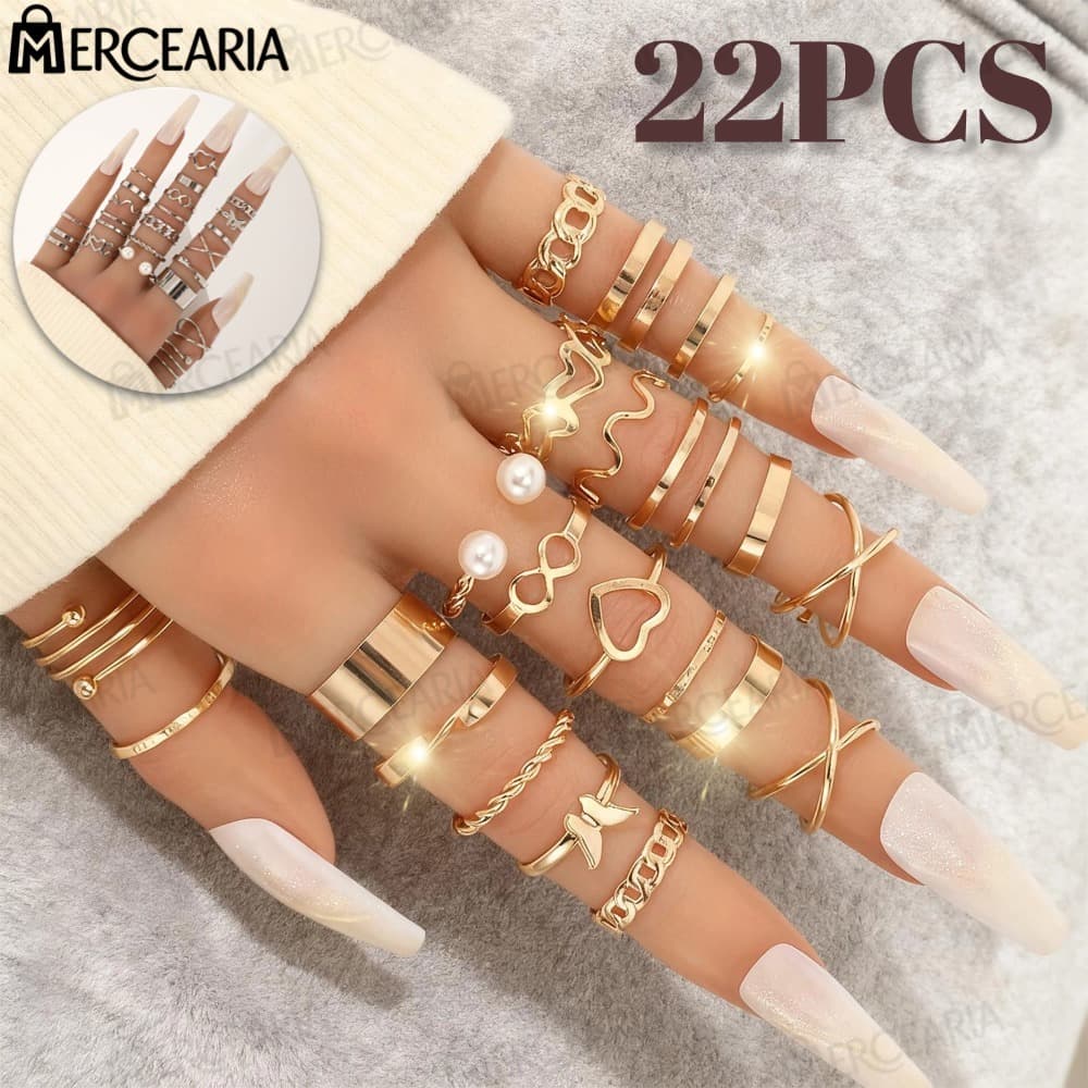 22 pçs Conjunto De Anel De Dourado Vintage Mulheres Conjunto De Anel De Dedo Joias Acessórios-MC