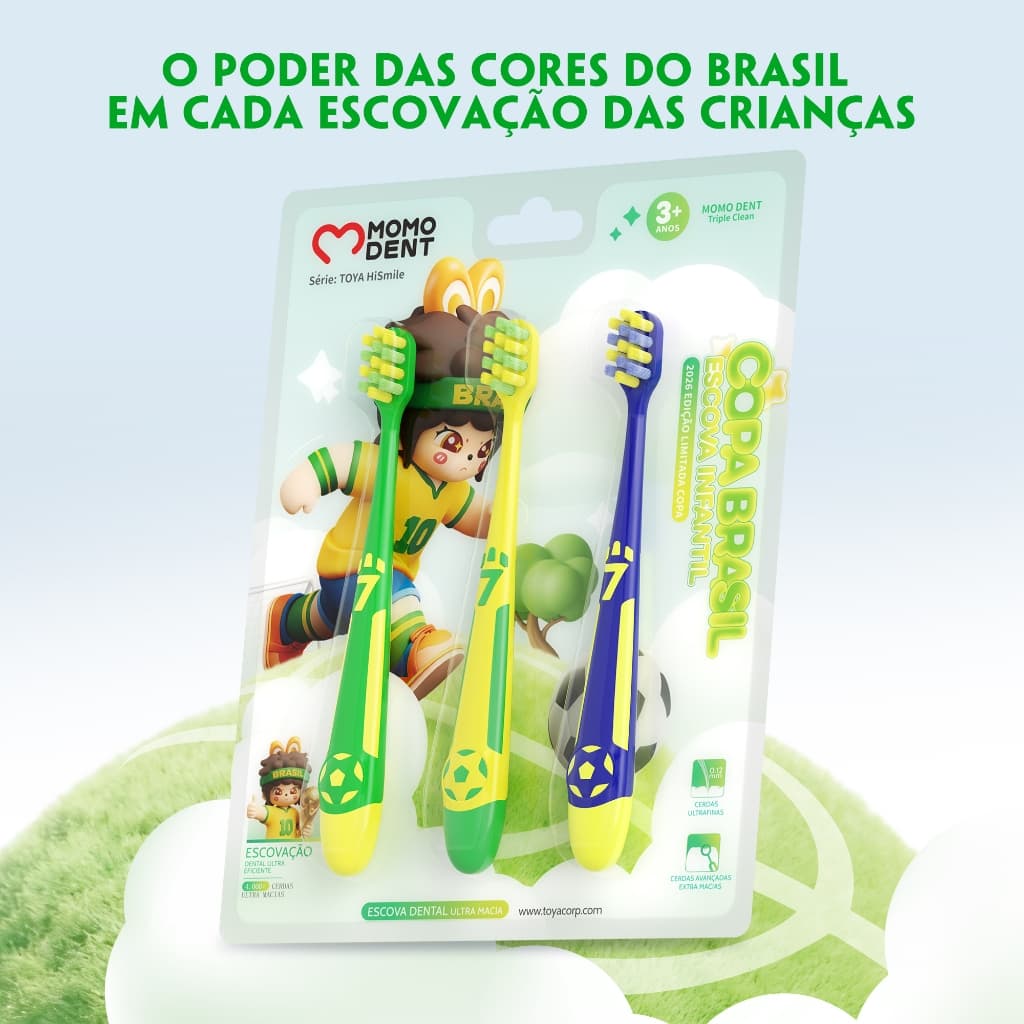 MOMODENT Brasil Cup Edição Limitada Conjunto de Escova de Dentes Infantil Verde Amarelo Azul 3 Cores Disponíveis 4000+ C