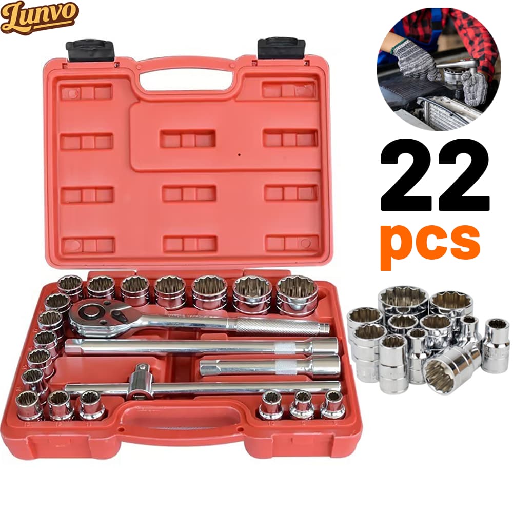 Kit Jogo Ferramentas Soquetes Estriados 22 Pçs Com Chave Catraca Reversível Robust Cr-V Profissional