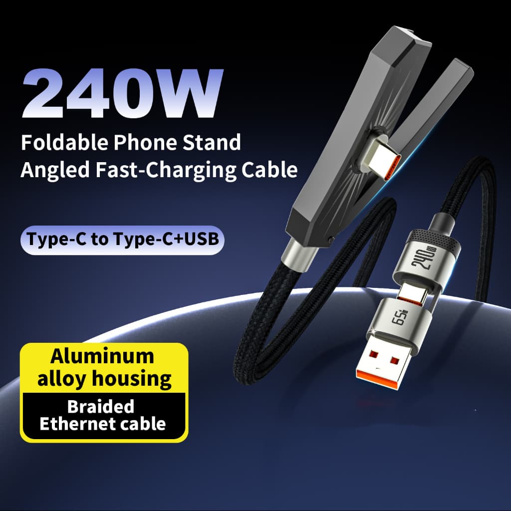 2-Em-1 USB + Tipo C 240W Cabo De Carregamento Rápido Com Suporte Dobrável-Linha De Carga Rápida Do Telefone Móvel Fio