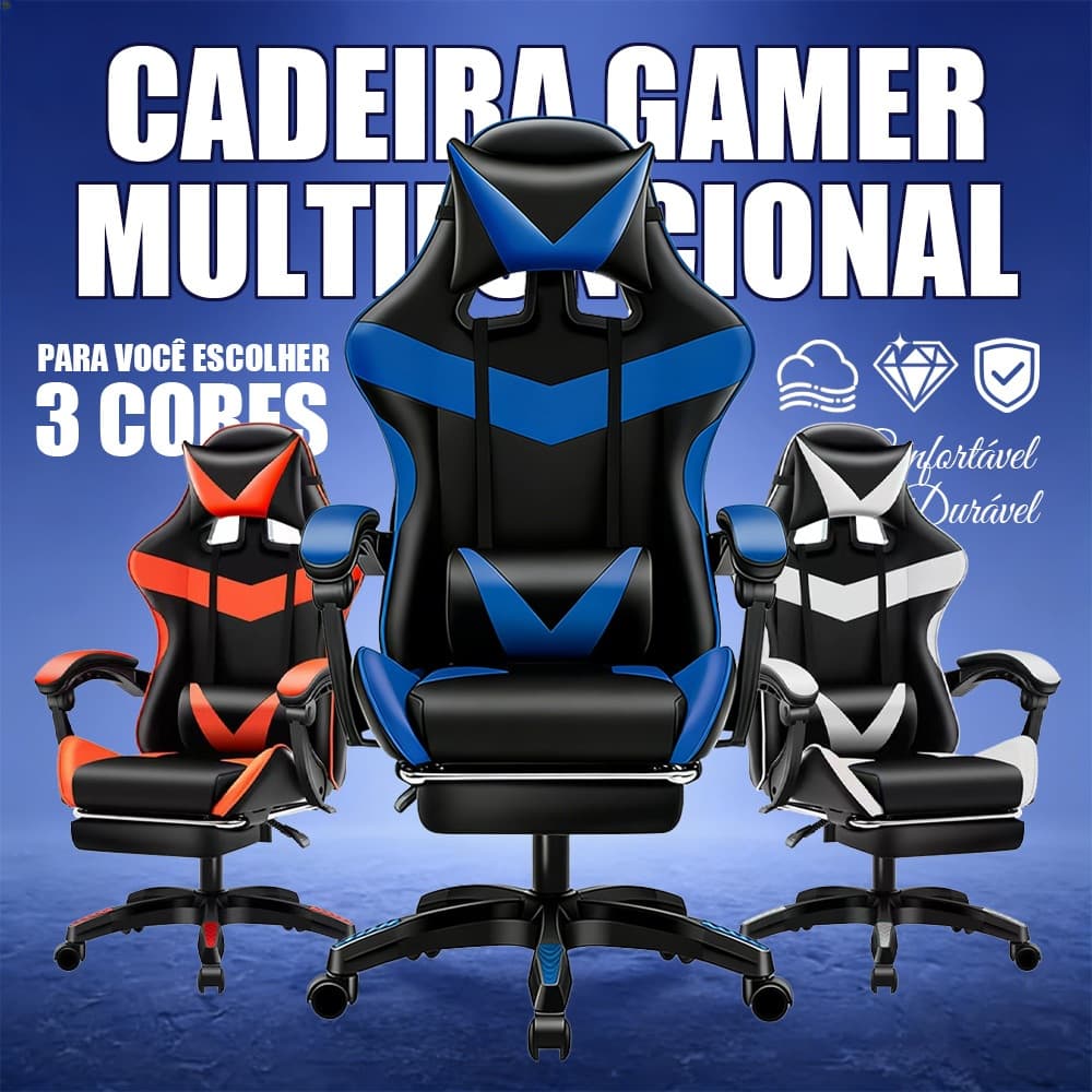 Cadeira ergonômica giratória para jogos de computador, couro, com encosto e apoio para os pés