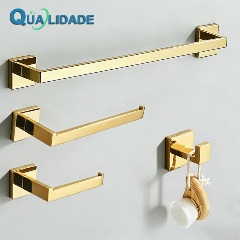 Kit Acessórios Para Banheiro Completo 4 Peças Inox 37/56cm Toalheiro De Banheiro Dourado