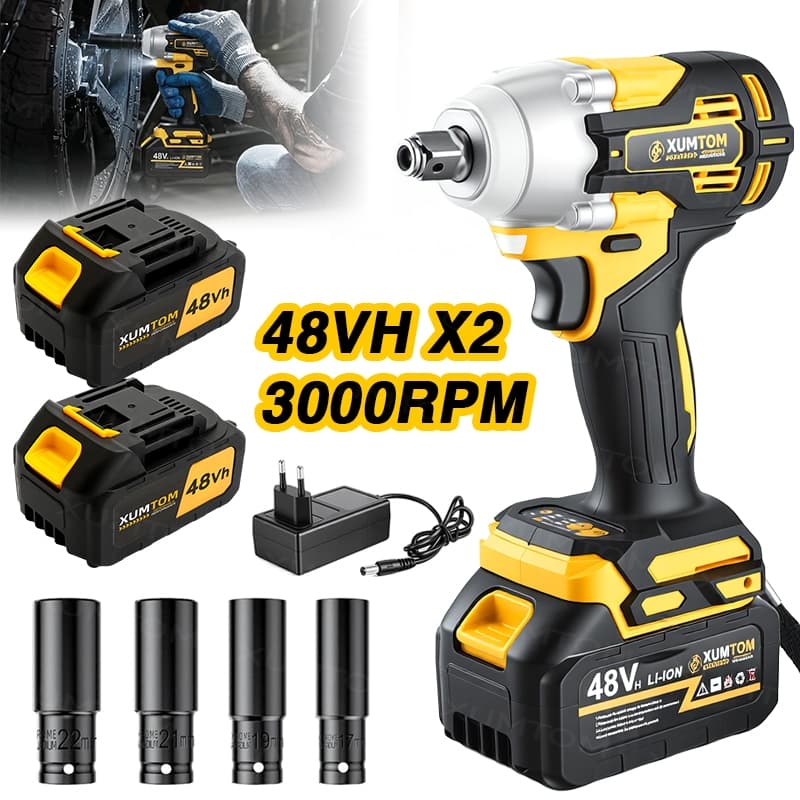 Chave Impacto Sem Fio 48V 450Nm - Kit 2 Baterias + 4 Soquetes - Parafusadeira Alta Potência 3000RPM Motor Brushless
