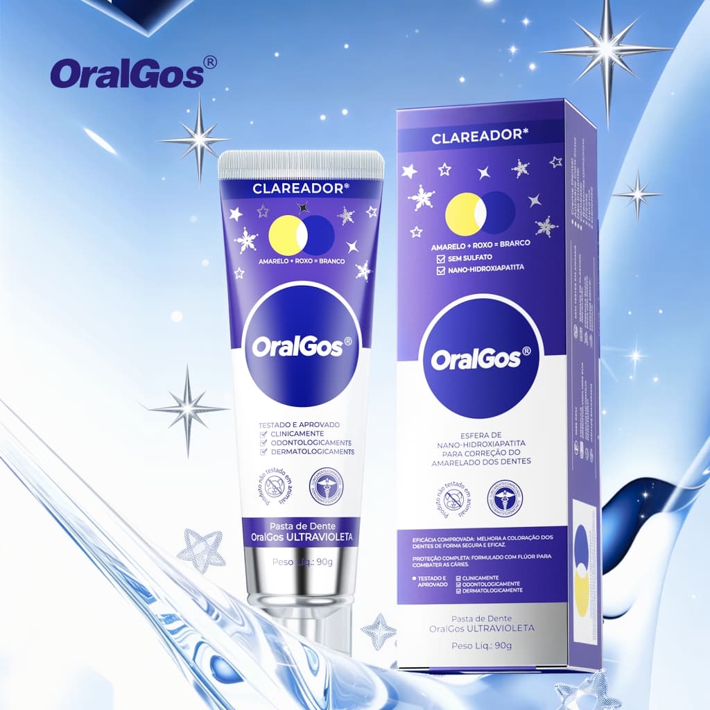 Pasta de dente OralGos Purple Light| Ajuda a manchas amarelas Fórmula suave com flúor 90g| Hálito fresco Natu